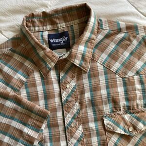 Vtg Wrangler Western Pearl Snap Shirt SS Men's XXL Plaid Tan Teal Cowboy Rodeo